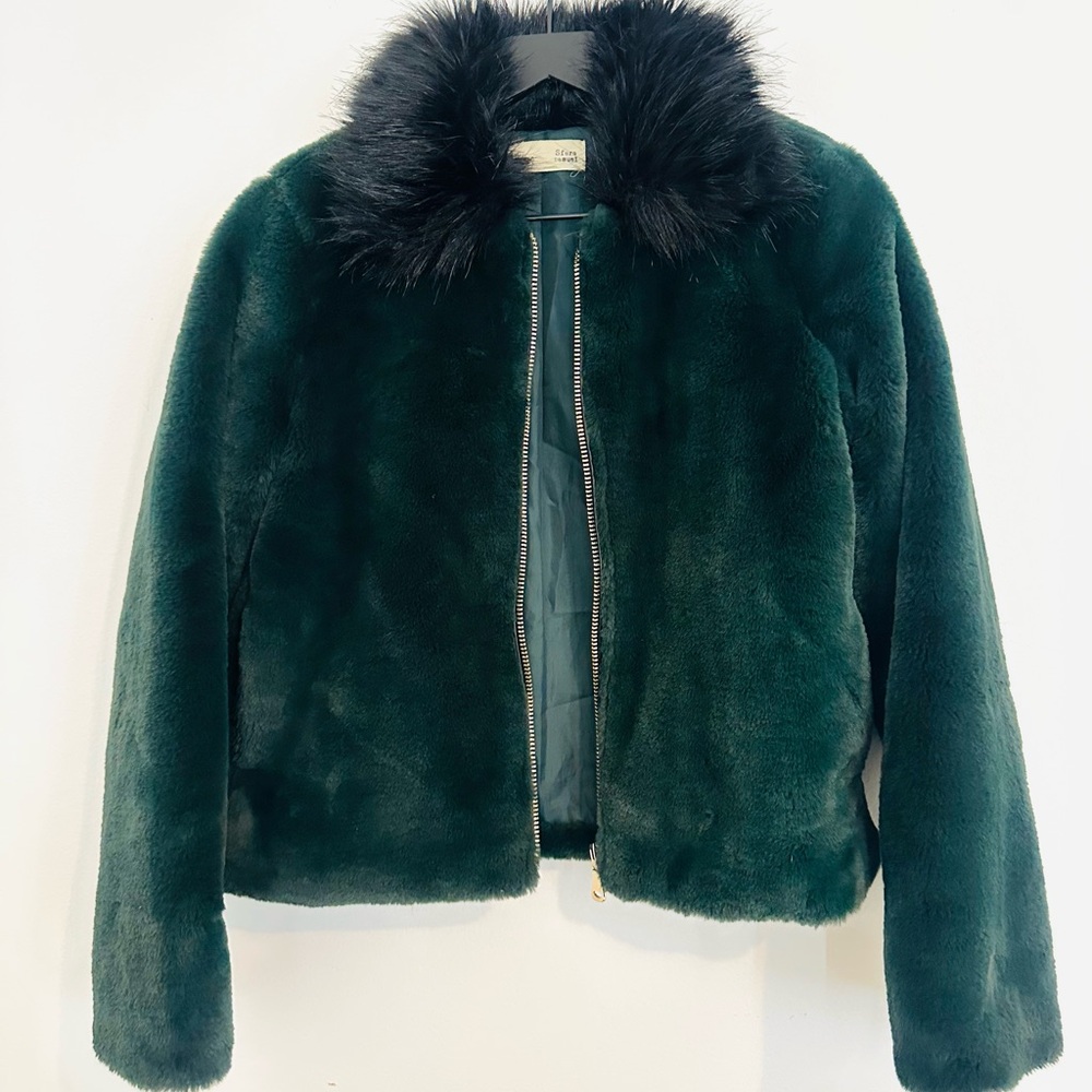 Green Faux Fur Jacket with Black Collar